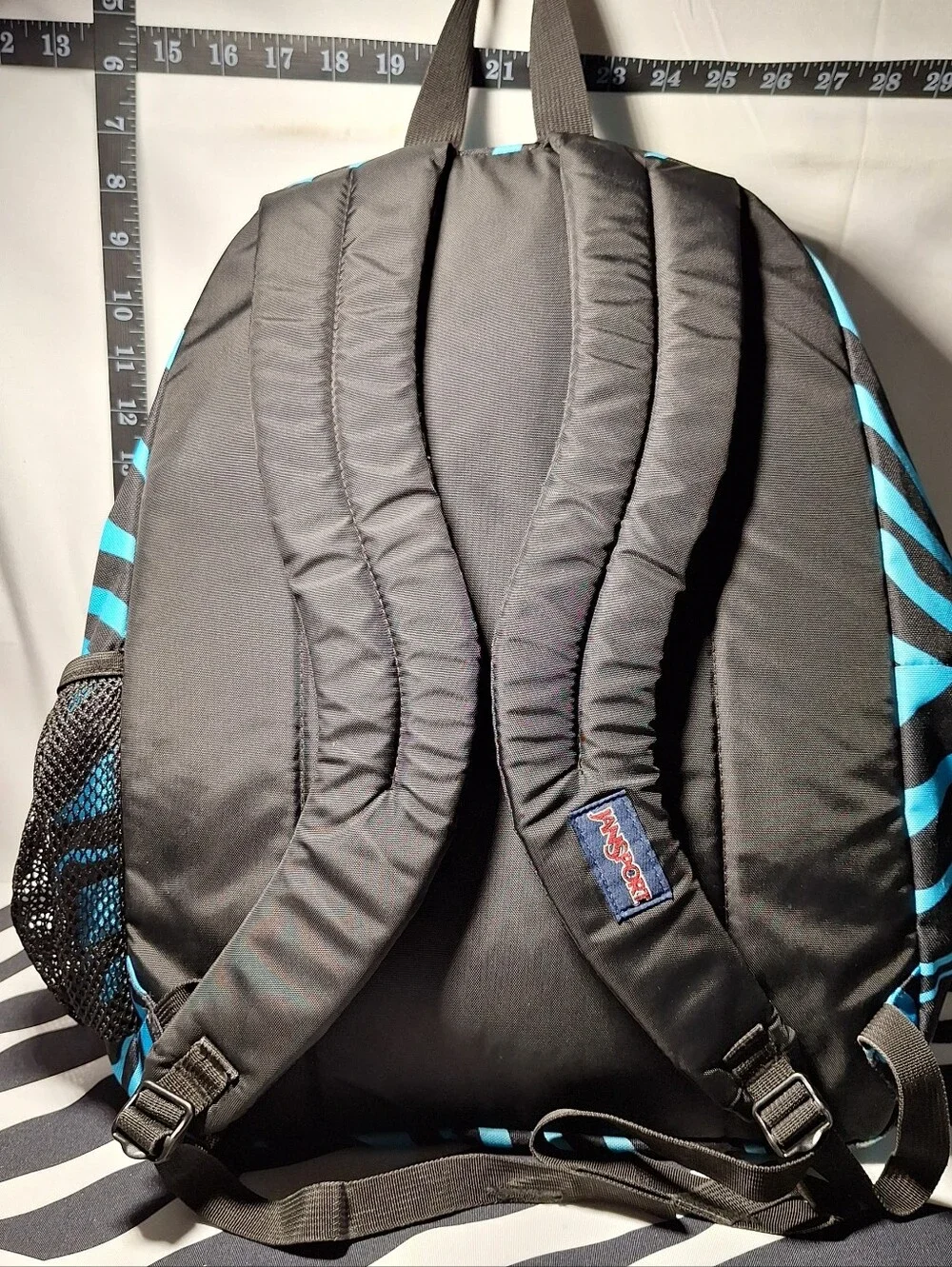 Jansport Backpack, Zebra Stripes, Black & Blue & White w/Blue Accents